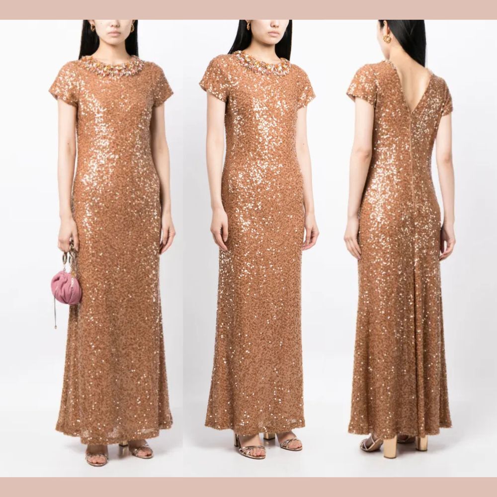 NWT $1095 SACHIN & BABI [ 6 ] Shiloh Short Sleeve Sequin Gown Honey Bronze Q1138